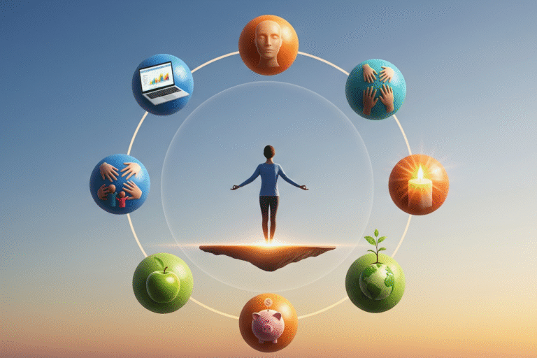 Articles 25 A surreal image explaining what is a balanced life showing a woman standing high in the sky on an abstract platform with arms outstretched, surrounded by seven floating spheres. Each sphere visually represents a key dimension of balanced life: Work, Self, Relationships, Spiritualism, Health, Environment, and Finances.