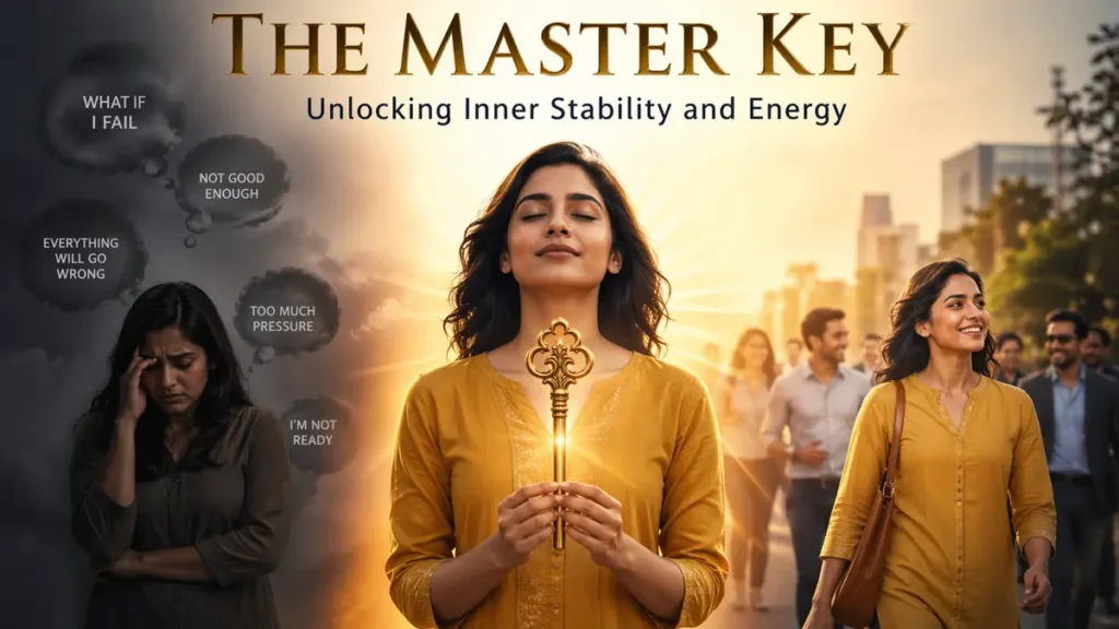The Master Key 2 A horizontal conceptual poster titled "THE MASTER KEY: Unlocking Inner Stability and Energy." The central figure is a calm woman in a yellow tunic holding a glowing golden master key to her heart. To her left, a shadowed version of herself is surrounded by dark thought bubbles with phrases like "WHAT IF I FAIL" and "TOO MUCH PRESSURE." To her right, she walks confidently through a bright, sunlit city street among other people, symbolizing the transition from internal doubt to outward stability and energy.