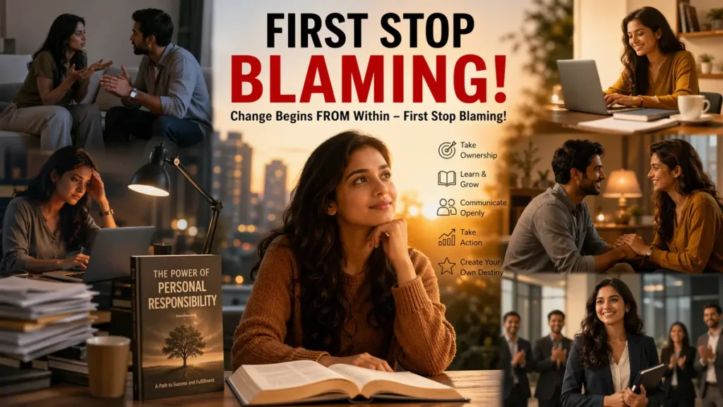 A horizontal conceptual montage titled "FIRST STOP BLAMING! Change Begins FROM Within — First Stop Blaming!" The central image features a pensive young woman sitting at a desk with an open book and another titled "THE POWER OF PERSONAL RESPONSIBILITY." Surrounding her are scenes illustrating a personal transformation: overcoming arguments, working with focus, improving relationships, and achieving professional success. Icons on the right side list the journey's steps: "Take Ownership," "Learn & Grow," "Communicate Openly," "Take Action," and "Create Your Own Destiny."