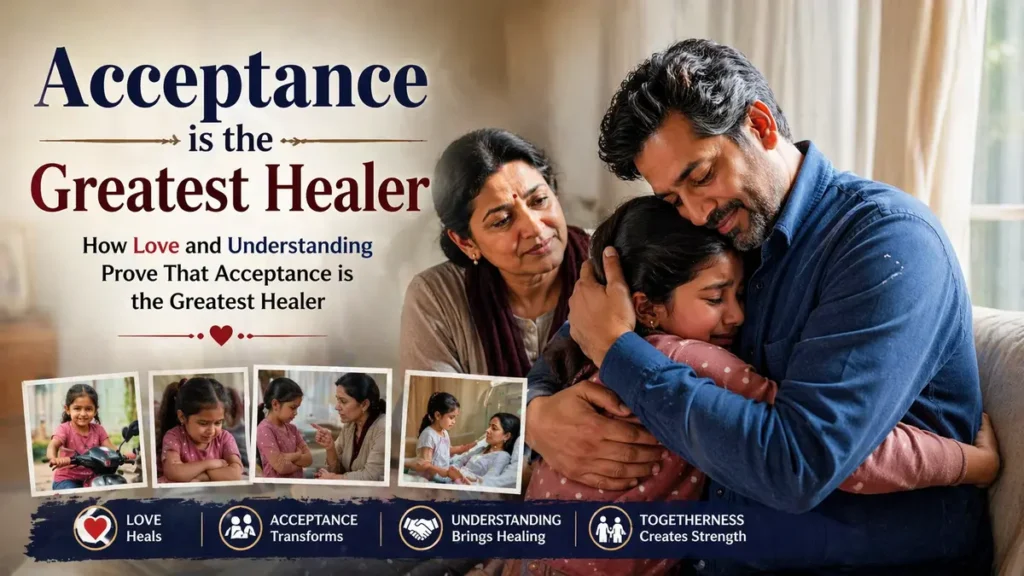 Acceptance is the Greatest Healer! 2 A horizontal conceptual poster titled "Acceptance is the Greatest Healer." The main image shows a father tenderly hugging his crying young daughter while the mother looks on with a supportive expression. Below this are four polaroid-style insets showing the girl’s journey from a physical injury to emotional recovery with her mother's care. Icons at the bottom highlight the themes: "Love Heals," "Acceptance Transforms," "Understanding Brings Healing," and "Togetherness Creates Strength."