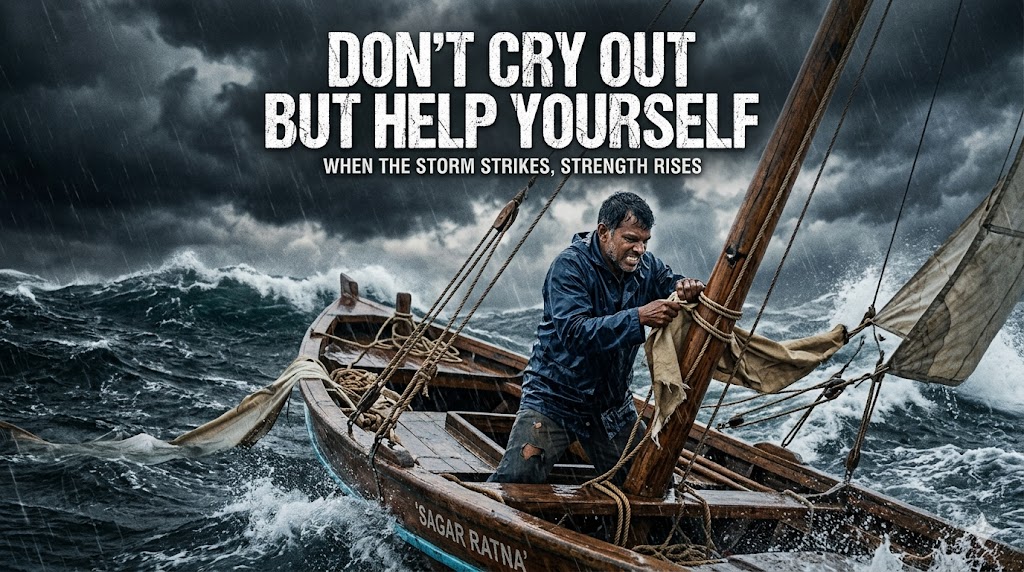 A dramatic horizontal cinematic poster titled "DON’T CRY OUT BUT HELP YOURSELF." The image features a determined fisherman in a dark blue raincoat struggling to secure a sail on his wooden boat, the 'SAGAR RATNA', during a violent ocean storm. Massive waves crash around the vessel under a dark, heavy sky, illustrating the subtext: "When the storm strikes, strength rises."