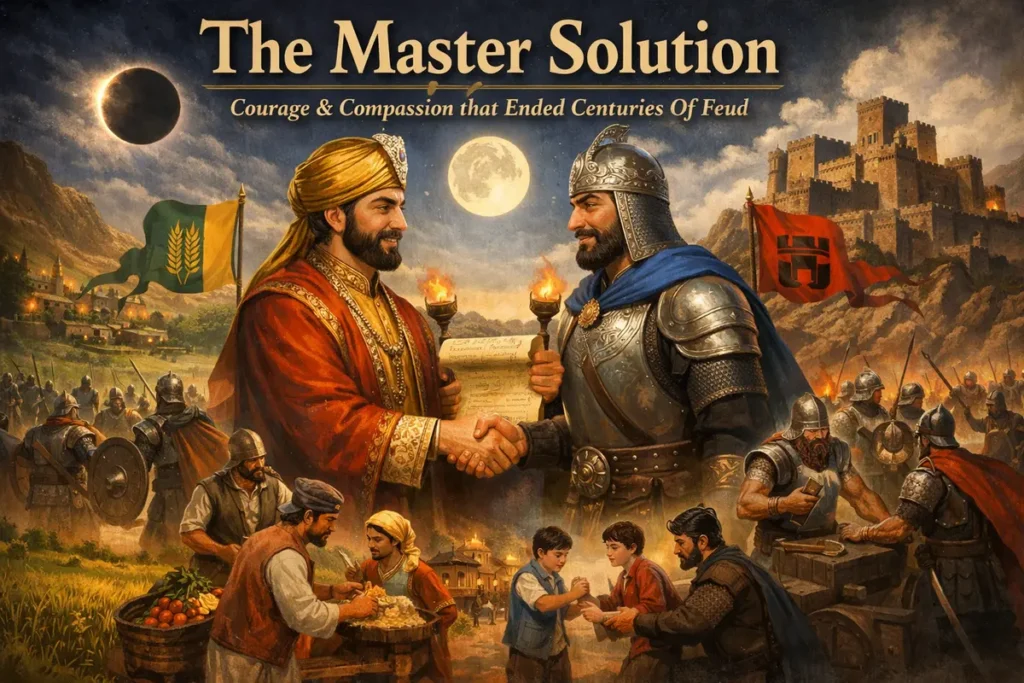The Master Solution 2 An epic horizontal conceptual poster titled "The Master Solution: Courage & Compassion that Ended Centuries of Feud." The central focus is a historic handshake between a leader in a gold turban and red robes and a warrior in ornate silver armor. They stand before a backdrop of a solar eclipse, a full moon, and a massive stone fortress. Below them, scenes of peace unfold: soldiers putting down their weapons, traders exchanging goods, and children playing together, symbolizing the dawn of a new era.