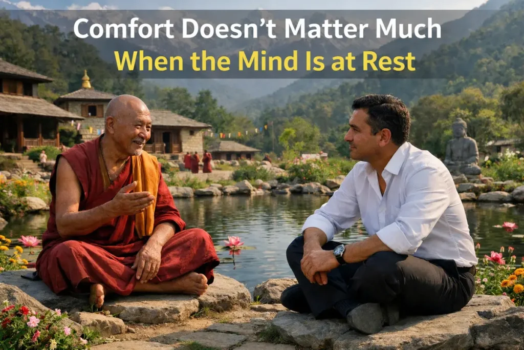 Comfort doesn't Matter Much! 2 A horizontal conceptual poster titled "Comfort Doesn’t Matter Much When the Mind Is at Rest." The image shows a Buddhist monk in traditional red robes and a man in a white dress shirt sitting cross-legged on large rocks by a peaceful lily pond. Set against a backdrop of mountains and a traditional monastery, the scene captures a moment of deep conversation and spiritual tranquility.