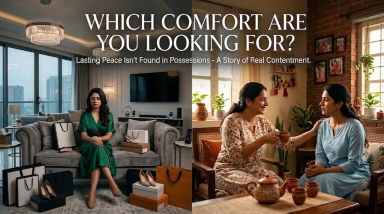 A horizontal lifestyle image with the heading "WHICH COMFORT ARE YOU LOOKING FOR?" featuring a thematic comparison. On the left, a woman in a green silk dress sits alone in a modern, cold apartment filled with luxury brand bags. On the right, two women engage in a heart-to-heart conversation over tea in a cozy room with plants and family photos, supporting the subtext: "Lasting Peace Isn’t Found in Possessions - A Story of Real Contentment."