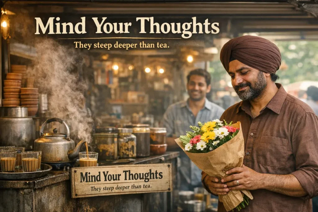 A warm horizontal conceptual poster titled "Mind Your Thoughts: They steep deeper than tea." The image features a man in a brown shirt and turban smiling gently as he holds a beautiful bouquet of colorful flowers. He stands in front of a rustic tea stall where fresh masala chai is being poured from a steaming kettle into glasses. A small wooden sign on the counter reinforces the message: "Mind Your Thoughts. They steep deeper than tea."
