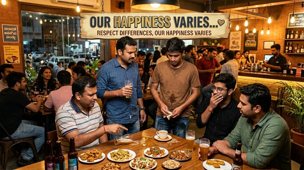A horizontal lifestyle photo with a wooden hanging sign that reads "OUR HAPPINESS VARIES... RESPECT DIFFERENCES, OUR HAPPINESS VARIES." The image shows a crowded, lively restaurant interior where a group of men is reacting to a spilled drink on a table. One man looks distressed as he tries to clean his stained t-shirt with a napkin, while his companions look on with mixed expressions of concern and surprise, illustrating the diversity of human reactions to minor setbacks.