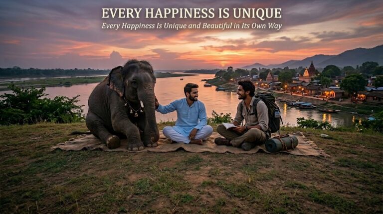 A horizontal lifestyle photo with the heading "EVERY HAPPINESS IS UNIQUE: Every Happiness Is Unique and Beautiful in Its Own Way." The scene shows an young man and a young traveler with a backpack sitting together on a mat overlooking a river at dusk. Beside them, a small elephant sits calmly, while a temple and village lights glow in the background, illustrating the beauty of shared experiences across generations and cultures.