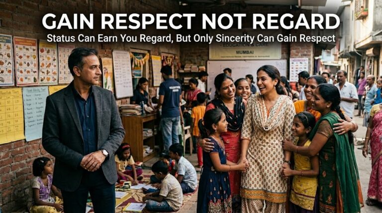 A horizontal lifestyle photo with the heading "GAIN RESPECT NOT REGARD — Status Can Earn You Regard, But Only Sincerity Can Gain Respect." The scene is set at the Akriti Community Centre in Mumbai, where a man in a formal grey blazer looks on as a woman in a patterned salwar kameez laughs and embraces local children and mothers. The contrast between the man's formal stature and the woman's heartfelt interaction illustrates the theme of sincerity over status.