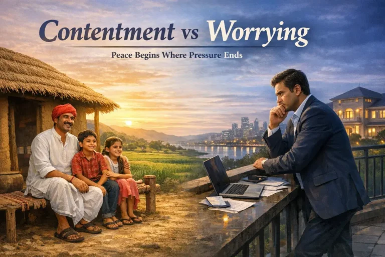 A horizontal conceptual montage titled "Contentment vs Worrying: Peace Begins Where Pressure Ends." The left side shows a rural father in a red turban sitting outside a thatched-roof hut with his two children, all smiling warmly at a sunset over golden fields. This fades into the right side, where a man in a business suit stands on a balcony with a laptop and papers, looking stressed and pensive against a backdrop of a modern city and luxury home.