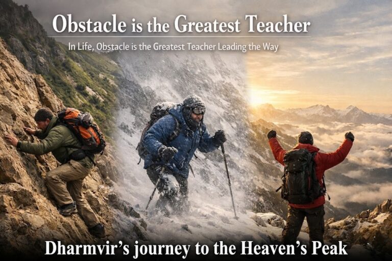 A horizontal conceptual montage titled "Obstacle is the Greatest Teacher." The image illustrates a journey in three stages: a climber scaling a steep rocky cliff, a hiker pushing through a heavy snowstorm, and finally, a person standing at the summit with arms raised in triumph overlooking a sea of clouds at sunrise. The subtext reads, "In Life, Obstacle is the Greatest Teacher Leading the Way," serving as a metaphor for overcoming life's hardships.
