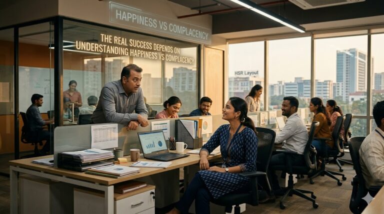 A horizontal lifestyle photo set in a bright, modern office in HSR Layout. The image features a man leaning over a cubicle to speak with a smiling female colleague, while other employees work at their desks in a collaborative environment. Glass partitions in the background display the text "HAPPINESS VS COMPLACENCY" and the subtext "The Real Success Depends on Understanding Happiness vs Complacency," capturing a moment of active engagement and workplace success.