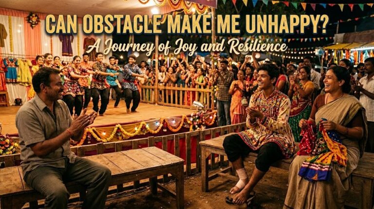 A horizontal lifestyle photo with the heading "CAN OBSTACLE MAKE ME UNHAPPY? A Journey of Joy and Resilience." The scene features a young man with a bandaged ankle sitting on a wooden bench, clapping and laughing alongside his parents at a festive outdoor event. In the background, a group of dancers performs on a stage decorated with garlands and lights under a night sky, illustrating a story of community support and triumphant spirit.