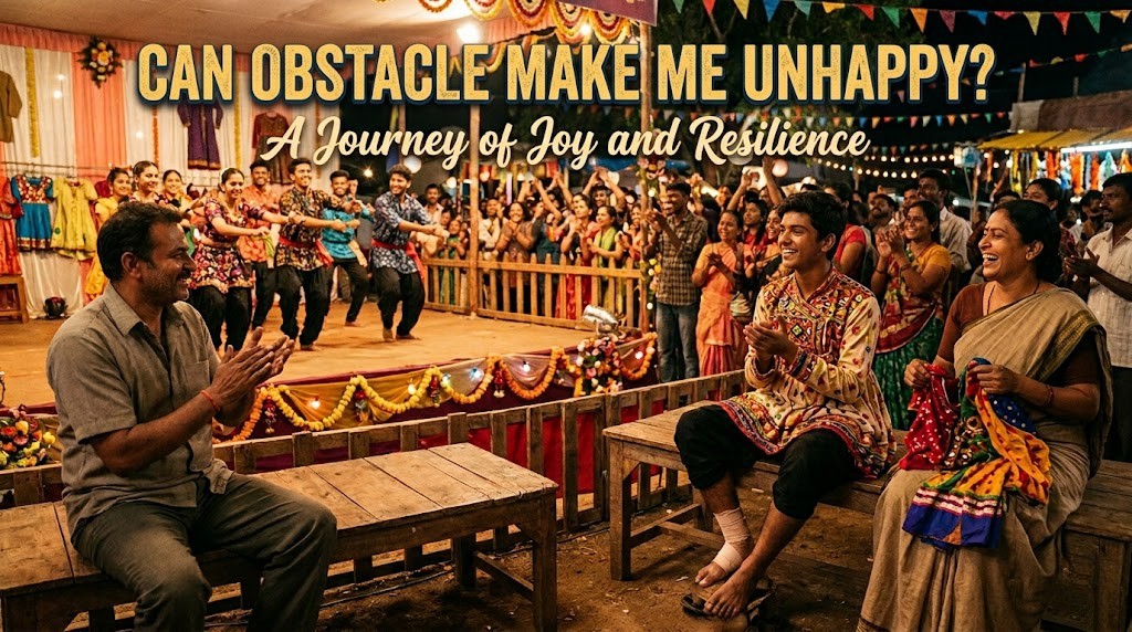 Can Obstacle Make Me Unhappy? 2 A horizontal lifestyle photo with the heading "CAN OBSTACLE MAKE ME UNHAPPY? A Journey of Joy and Resilience." The scene features a young man with a bandaged ankle sitting on a wooden bench, clapping and laughing alongside his parents at a festive outdoor event. In the background, a group of dancers performs on a stage decorated with garlands and lights under a night sky, illustrating a story of community support and triumphant spirit.