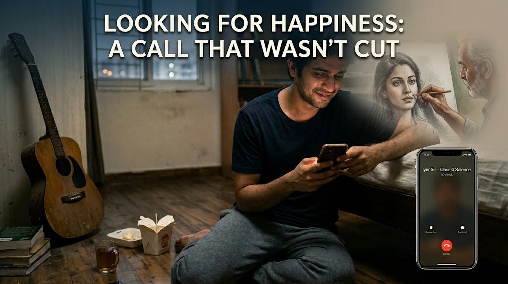 Looking for Happiness 2 A horizontal lifestyle photo titled "LOOKING FOR HAPPINESS: A CALL THAT WASN’T CUT." The image shows a young man sitting on the floor of a dimly lit room, looking at his smartphone with a tearful yet smiling expression. An acoustic guitar and takeout food are nearby, while a smartphone inset shows an ongoing call labeled "Iyer Sir – Class 6 Science," illustrating a poignant moment of emotional connection and mentorship.