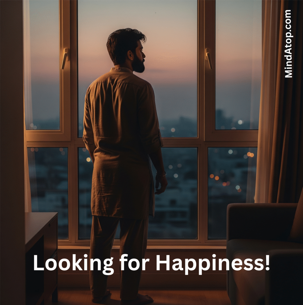 A pensive man gazes out of a high-rise window, lost in thought—looking for happiness and inner clarity.