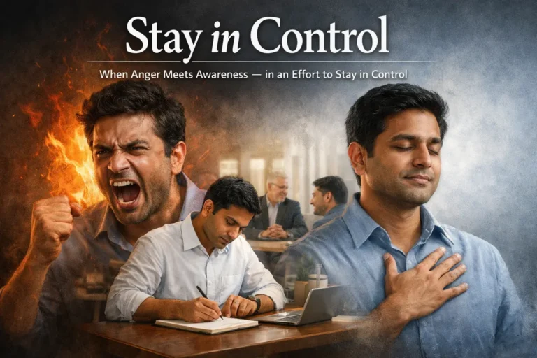 A dynamic horizontal conceptual poster titled "Stay in Control" illustrating the internal struggle of a professional man. On the left, he is shown shouting with a fiery aura, symbolizing uncontrolled rage. On the right, he appears calm with his eyes closed and a hand on his chest, representing mindfulness. In the center, he is seen working focused at a desk, capturing the message: "When Anger Meets Awareness — in an Effort to Stay in Control."