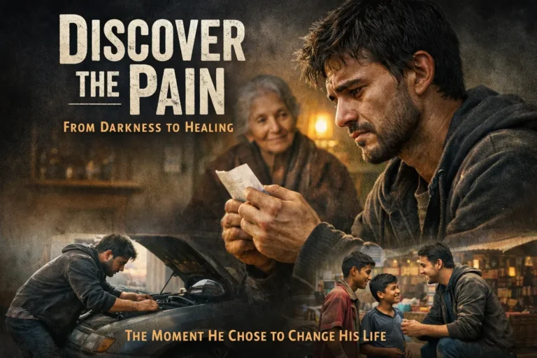 A cinematic emotional montage titled "DISCOVER THE PAIN: From Darkness to Healing." The central image shows a man with a tearful, weary expression holding a small scrap of paper, while an elderly woman watches him supportively from the background. Smaller insets at the bottom show the man working on a car engine and sharing a joyful moment with two young boys, illustrating the subtext: "The Moment He Chose to Change His Life."