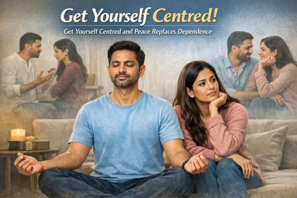 A horizontal conceptual poster titled "Get Yourself Centred!" with the subtext "Get Yourself Centred and Peace Replaces Dependence." The central focus is a man in a blue t-shirt sitting in a cross-legged meditation pose with his eyes closed. Beside him, a woman sits on a sofa looking thoughtful. Two blurred background scenes show the couple in a heated argument on the left and a warm, loving embrace on the right, illustrating the positive impact of mindfulness on a relationship.