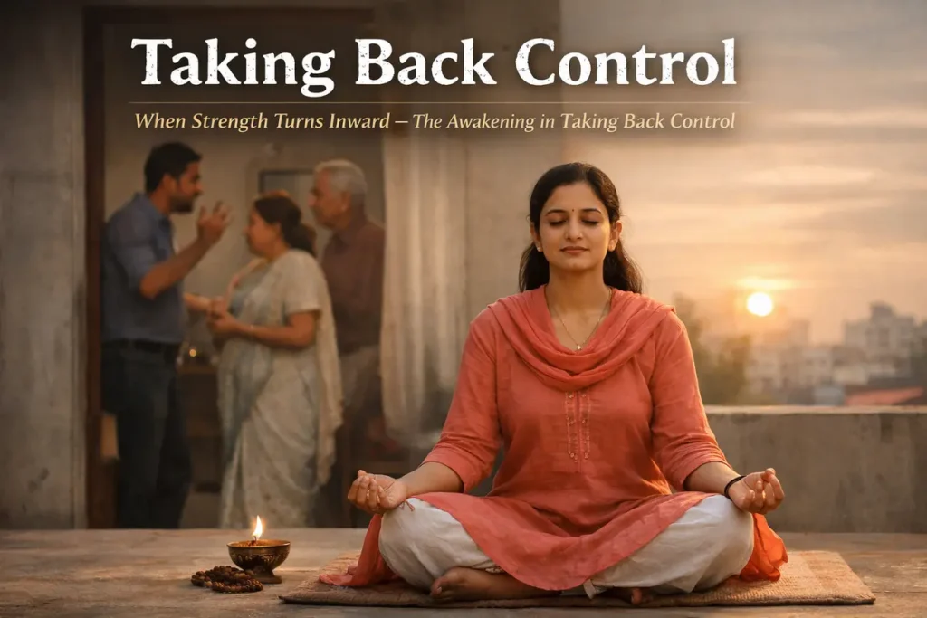 Taking Back Control 2 A serene horizontal poster titled "Taking Back Control" featuring a woman in a coral-colored kurta sitting in a meditative pose on a rooftop at sunset. In the blurred background, a group of people is seen in a heated discussion, contrasting their external conflict with her internal peace. The subtext reads: "When Strength Turns Inward — The Awakening in Taking Back Control," emphasizing a journey toward emotional independence.