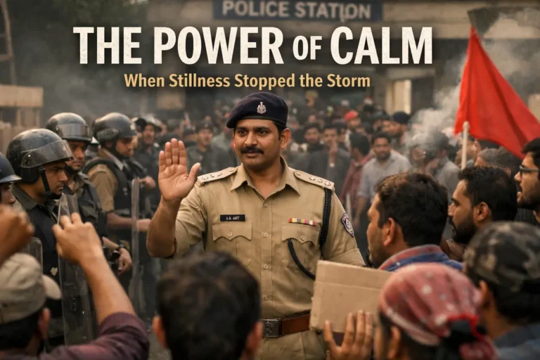 A powerful cinematic poster titled "THE POWER OF CALM: When Stillness Stopped the Storm." The image features a focused Indian police officer in a khaki uniform raising his hand in a de-escalating gesture to hold back a crowd of protesters. Behind him, riot police in helmets stand ready, while the officer's calm demeanor contrasts with the tension of the scene outside a police station.