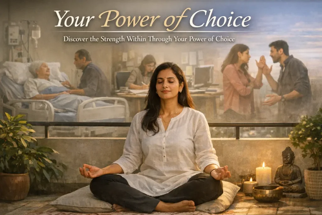 Your Power of Choice 2 A serene horizontal conceptual poster titled "Your Power of Choice." The central focus is a woman in a white tunic sitting in a peaceful meditative pose on a balcony, surrounded by plants, candles, and a small Buddha statue. In the blurred background, several stressful life scenes are depicted: a loved one in a hospital bed, a busy office environment, and a couple in a heated argument, illustrating the subtext: "Discover the Strength Within Through Your Power of Choice."