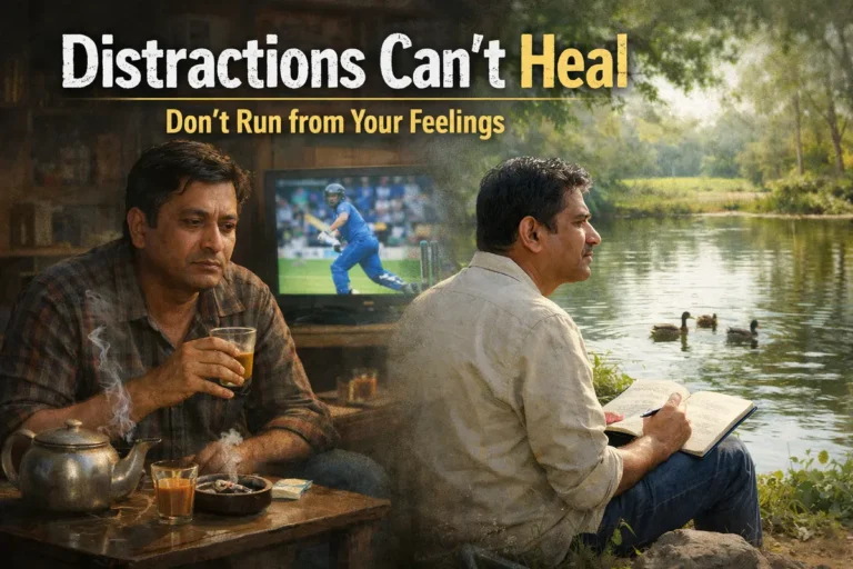 A horizontal conceptual poster titled "Distractions Can't Heal: Don't Run from Your Feelings." The left side shows a man looking somber while drinking tea and watching a cricket match on television, representing a temporary escape. This fades into the right side, where the same man sits peacefully by a pond with ducks, writing in a journal. The contrast highlights the transition from passive distraction to active emotional healing and reflection.