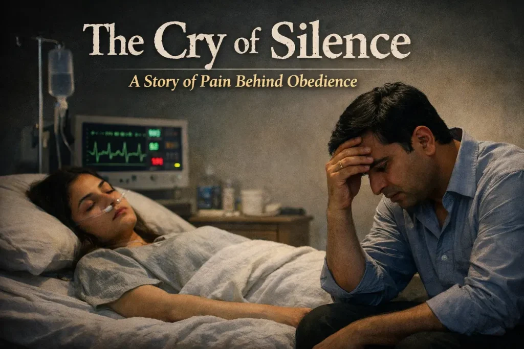 The Cry of Silence 2 A powerful cinematic poster titled "The Cry of Silence: A Story of Pain Behind Obedience." The image depicts a woman lying unconscious in a hospital bed, connected to a heart monitor and IV drip. Beside her, a man sits with his head in his hands, appearing deeply regretful and distressed, symbolizing the tragic consequences of emotional suppression and forced obedience.