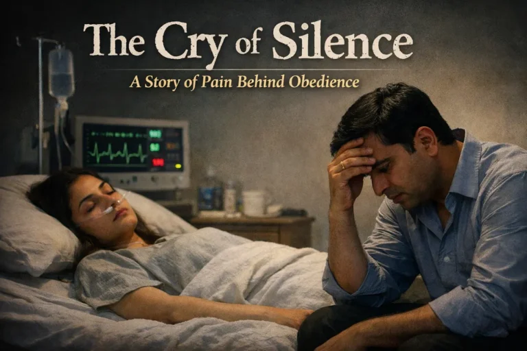 A powerful cinematic poster titled "The Cry of Silence: A Story of Pain Behind Obedience." The image depicts a woman lying unconscious in a hospital bed, connected to a heart monitor and IV drip. Beside her, a man sits with his head in his hands, appearing deeply regretful and distressed, symbolizing the tragic consequences of emotional suppression and forced obedience.