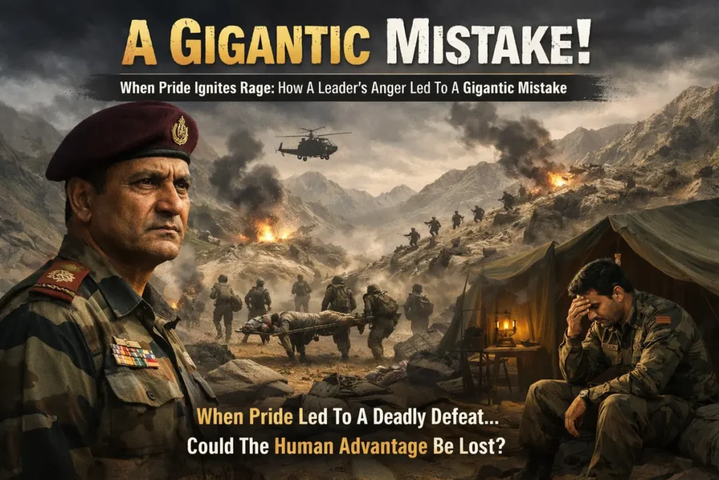 A Gigantic Mistake! 2 A dramatic cinematic poster titled "A GIGANTIC MISTAKE!" featuring a high-ranking military officer in a maroon beret with a stern, regretful expression. The background depicts a chaotic battlefield in a mountainous region with smoke, fire, a helicopter, and soldiers carrying a wounded comrade on a stretcher. A secondary scene shows an officer in a tent with his head in his hands, illustrating how "Pride Ignites Rage" and leads to a deadly defeat.