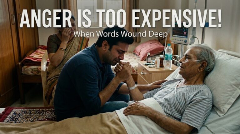 A horizontal cinematic image with the heading "ANGER IS TOO EXPENSIVE! When Words Wound Deep." The photo depicts a somber hospital room where a man sits by his elderly father's bedside, tearfully clutching his hand in a gesture of apology and grief. An older woman sits in the background, wiping away tears, capturing the emotional toll of past anger and the desire for reconciliation.