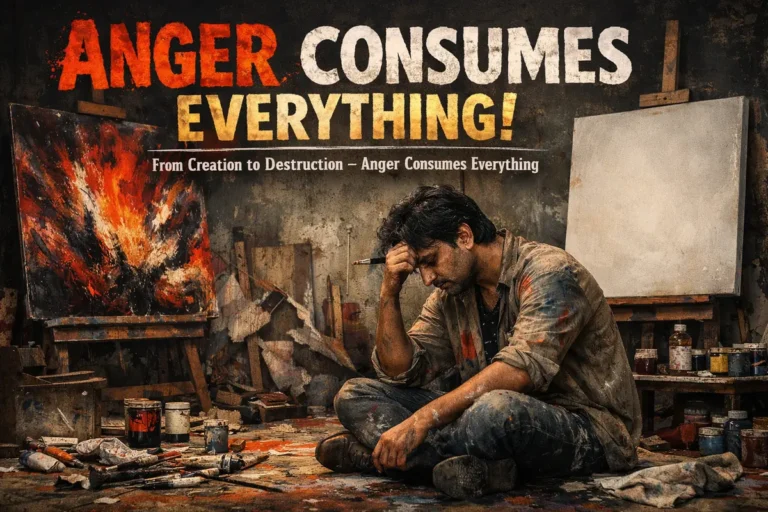 A powerful horizontal poster titled "ANGER CONSUMES EVERYTHING!" featuring a distressed artist sitting on the floor of a messy studio. Covered in paint splatters, he holds his head in his hands in a state of creative and emotional exhaustion. The studio is cluttered with brushes, paint cans, and a fiery abstract painting on an easel, illustrating the subtext: "From Creation to Destruction – Anger Consumes Everything."
