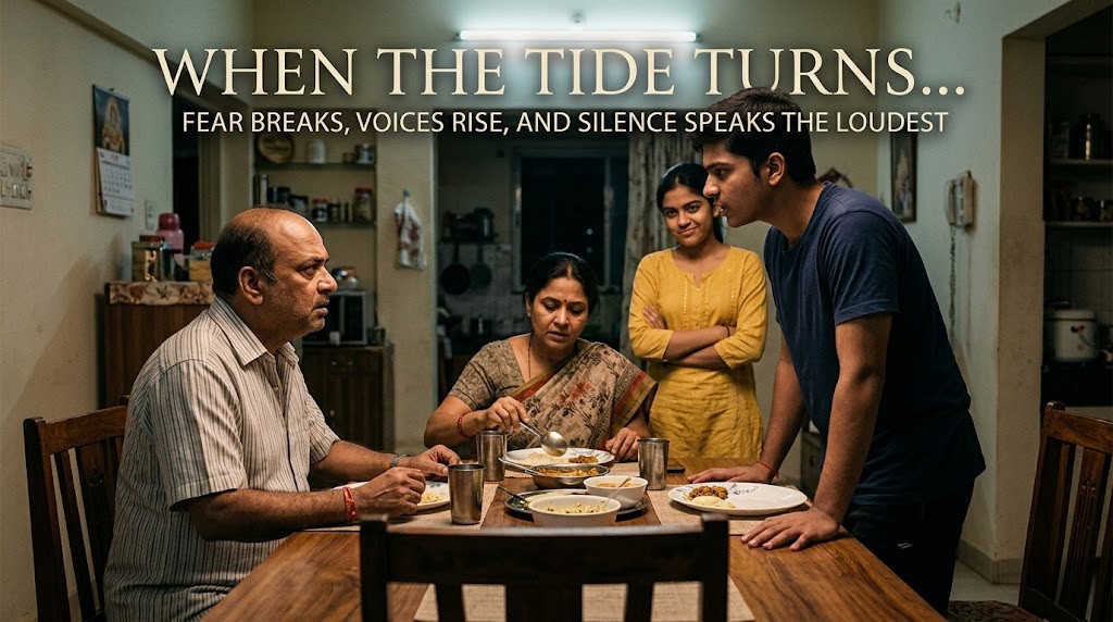 When the Tide Turns… 2 A horizontal lifestyle image titled "WHEN THE TIDE TURNS... Fear Breaks, Voices Rise, and Silence Speaks the Loudest." The scene depicts a tense family dinner in an Indian household. A young man stands up at the table, leaning in to confront an older man, while a woman in a sari continues to serve food and a young woman watches with a smirk, illustrating a shift in family power dynamics.