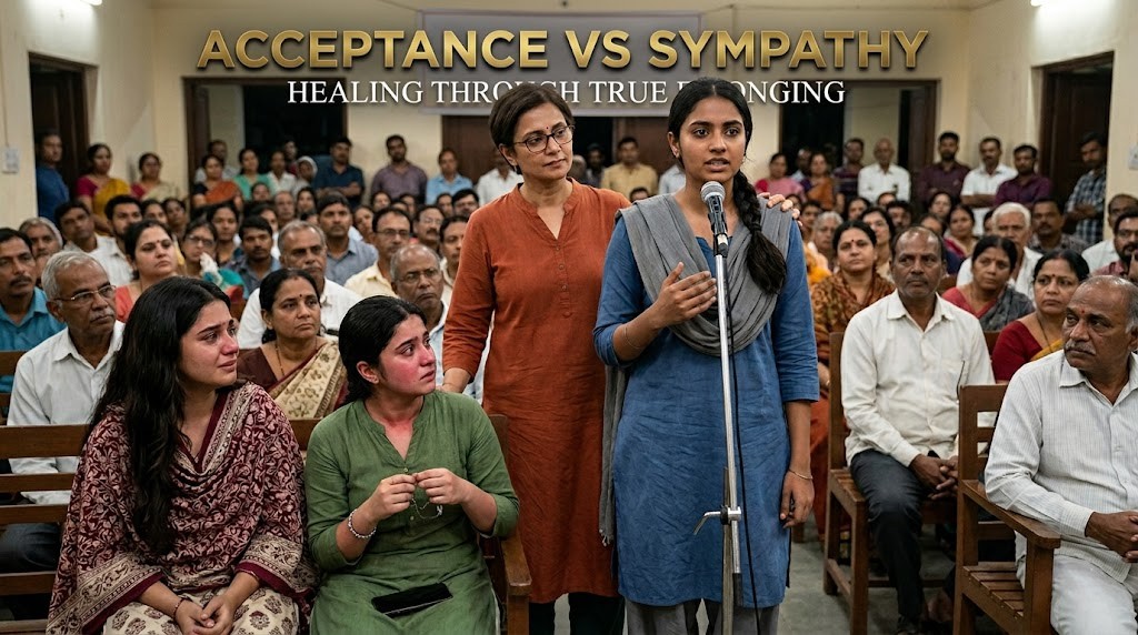 Acceptance vs Sympathy 2 A horizontal lifestyle image titled "ACCEPTANCE VS SYMPATHY" set during a community meeting. A young woman stands at a microphone to speak, supported by an older woman standing beside her with a hand on her shoulder. In the audience, two young women are seen crying, capturing a raw moment of "Healing Through Dialogue" and the contrast between public advocacy and private grief.