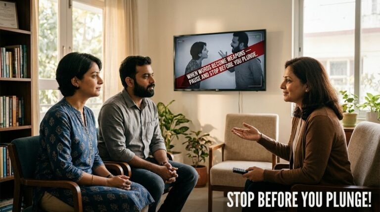 A horizontal lifestyle image with the heading "STOP BEFORE YOU PLUNGE!" featuring a couple in a therapy session. They sit calmly on a sofa, listening to a professional counselor. On a television screen in the background, a black-and-white freeze-frame shows the same couple in a mid-argument confrontation with a red banner that reads: "WHEN WORDS BECOME WEAPONS — PAUSE AND STOP BEFORE YOU PLUNGE," symbolizing the shift from conflict to communication.