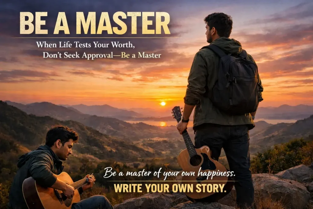 An inspiring cinematic poster titled "BE A MASTER." The image features a man standing on a rocky mountain peak at sunset, carrying a backpack and holding an acoustic guitar while looking out over a vast valley. Another version of the man is shown sitting and playing the guitar in the foreground. The text reads: "When Life Tests Your Worth, Don't Seek Approval—Be a Master of your own happiness. WRITE YOUR OWN STORY."