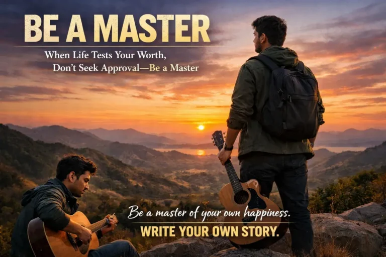 An inspiring cinematic poster titled "BE A MASTER." The image features a man standing on a rocky mountain peak at sunset, carrying a backpack and holding an acoustic guitar while looking out over a vast valley. Another version of the man is shown sitting and playing the guitar in the foreground. The text reads: "When Life Tests Your Worth, Don't Seek Approval—Be a Master of your own happiness. WRITE YOUR OWN STORY."