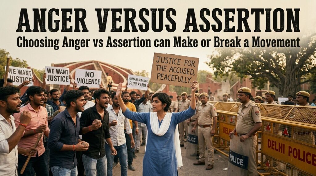 Anger versus Assertion 2 A dramatic horizontal photo with the bold heading "ANGER VERSUS ASSERTION." The scene depicts a tense standoff where a young woman in a blue tunic holds a sign saying "JUSTICE FOR THE ACCUSED, PEACEFULLY." while standing before a line of Delhi Police. To her left, several young men appear angry and aggressive, illustrating the "Make or Break" choice between violent anger and peaceful assertion in a social movement.