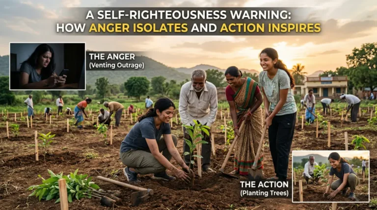 A wide-angle horizontal image titled "A SELF-RIGHTEOUSNESS WARNING: HOW ANGER ISOLATES AND ACTION INSPIRES." The main scene shows a group of happy people, including two young women and an elderly man, working together in a large field to plant trees at sunset. An inset labeled "THE ANGER (Venting Outrage)" shows a woman alone in the dark looking furious at her phone, while another inset labeled "THE ACTION (Planting Trees)" highlights the joy of tangible community work.
