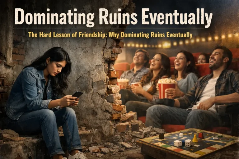 A horizontal conceptual poster titled "Dominating Ruins Eventually" illustrating "The Hard Lesson of Friendship." The image features a sharp contrast: on the left, a woman sits alone in a crumbling brick ruin, looking isolated while staring at her phone. On the right, through a literal break in the wall, a group of friends is seen laughing together at a cinema with popcorn and a board game, symbolizing how a need for control leads to social exclusion.