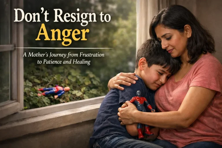 A heartwarming horizontal poster titled "Don’t Resign to Anger" featuring a mother named Anita tenderly hugging her young son. The boy, holding a superhero action figure, leans into his mother for comfort near an open window. The subtext, "A Mother’s Journey from Frustration to Patience and Healing," highlights the emotional connection and the peaceful resolution of a difficult moment.
