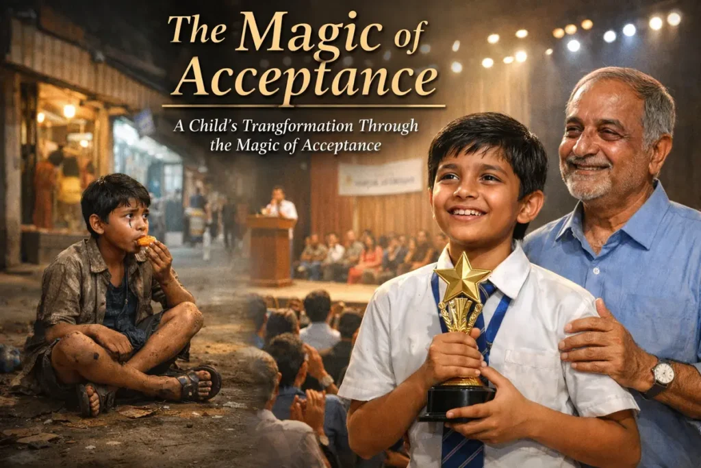 The Magic of Acceptance 2 The Magic of Acceptance showing a poor street boy in Mumbai eating food on the roadside transforming into a happy school student holding a trophy beside a kind elderly man, symbolizing hope, kindness, and transformation through acceptance.