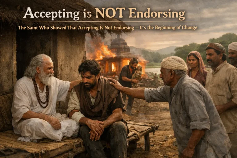 A powerful historical-style poster titled "Accepting is NOT Endorsing." The image depicts a wise, white-bearded saint sitting outside a humble hut, placing a comforting hand on the shoulder of a dejected man. In the background, a building is engulfed in flames while other villagers look on, illustrating the subtext: "The Saint Who Showed That Accepting Is Not Endorsing – It’s the Beginning of Change."