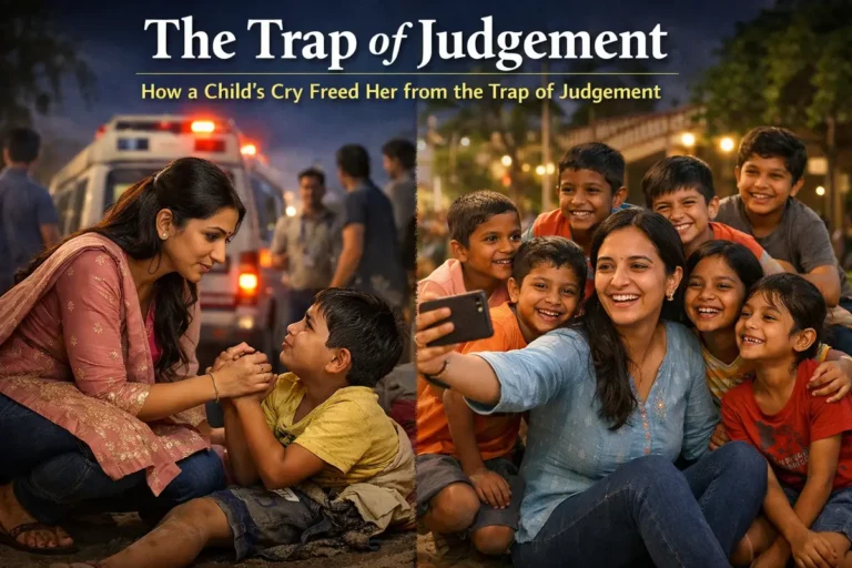 A split-screen horizontal image titled "The Trap of Judgement" showing a woman’s emotional transformation. On the left, she kneels in the street to comfort a distressed young boy with an ambulance visible in the background; on the right, she is shown smiling and laughing while taking a selfie with a group of happy children, illustrating how "a child’s cry freed her from the trap of judgement.