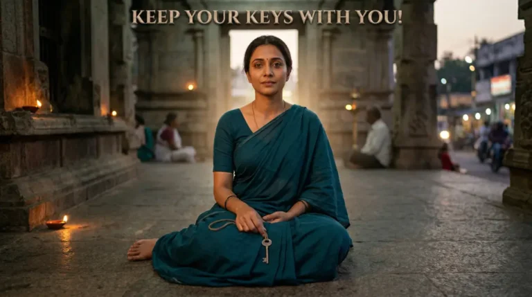 A cinematic horizontal photo with the heading "KEEP YOUR KEYS WITH YOU!" showing a woman dressed in a teal sari sitting on the stone floor of an ancient temple corridor. She looks calmly toward the camera, holding a single large key on a string. The background features traditional temple architecture and flickering oil lamps (diyas), symbolizing spiritual grounding and personal control.