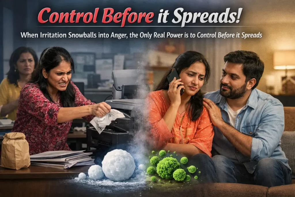 Control Before it Spreads! 2 A conceptual split-screen image titled "Control Before it Spreads!" On the left, a woman in an office aggressively crumbles paper in frustration at a printer, with a visual of a growing snowball representing escalating irritation. On the right, the same woman is at home, looking distressed on a phone call while a man comforts her, accompanied by a green virus-like graphic to illustrate how unchecked anger can spread into personal life.