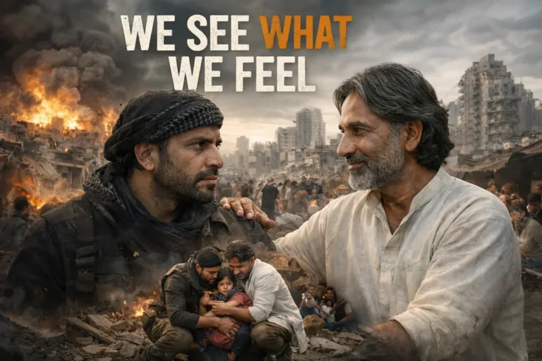 We See What We Feel showing two contrasting men in a war-torn city helping a frightened young girl after an explosion, symbolizing compassion overcoming violence amid destruction and chaos.
