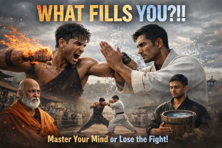 Realistic martial arts story cover image titled “What Fills You” showing an intense fight between an angry fighter and a calm warrior symbolizing anger vs control, with fire and water effects, a wise master observing, and the message “Master Your Mind or Lose the Fight.”