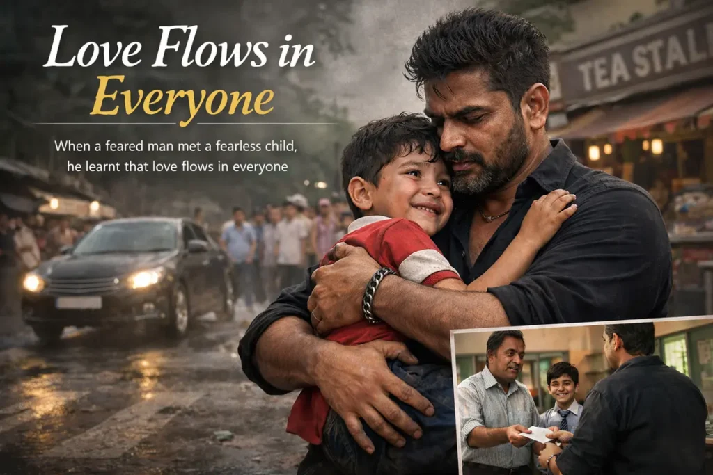 Love Flows in Everyone! 2 A realistic street scene where a tough man gently hugs a young boy after saving him from danger, capturing the title "Love Flows in Everyone".