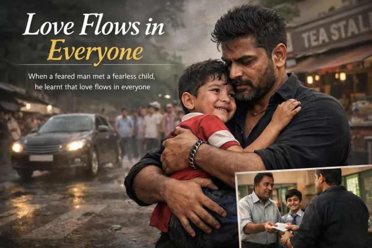 A realistic street scene where a tough man gently hugs a young boy after saving him from danger, capturing the title "Love Flows in Everyone".