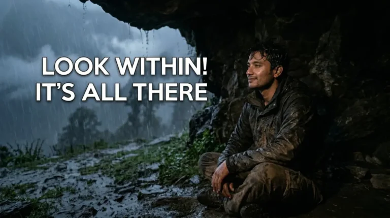 A man in a muddy jacket sits peacefully in a cave during a rainstorm, with text reading “LOOK WITHIN! IT’S ALL THERE.